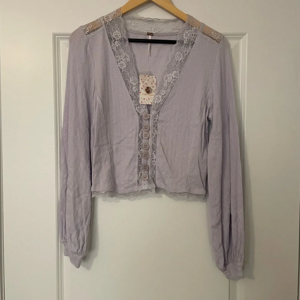 NWT Free People Run With Me Lavender Purple Lace Trim Long Sleeve Blouse